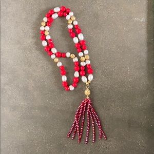 red pearl gold tassel jewel necklace